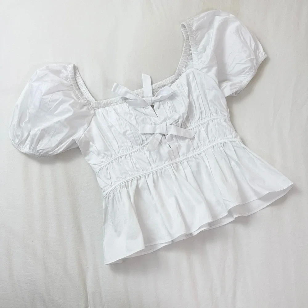 ASTR The Label White Bow Front Puff Sleeve Peplum Top Size M